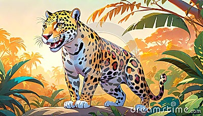 Jaguar Panthera cat yellow black tan spots colors Cartoon Illustration