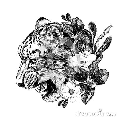 Jaguar snout snarl in profile round composition decorated with flowers and leaves of Magnolia and rosehip Vector Illustration