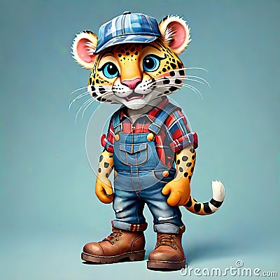 Jaguar spotted leopard tiger cat job worker overalls boots hat clothes Cartoon Illustration