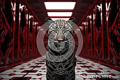 A jaguar is standing in a red and black room, AI Stock Photo