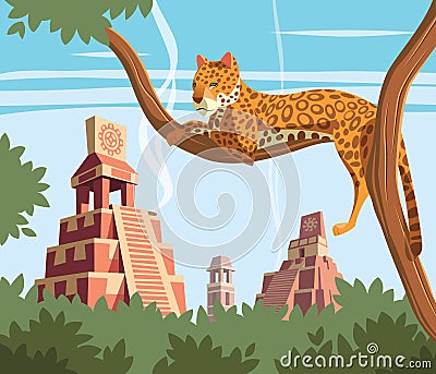 Jaguar on tree and Ancient Mayan Pyramids in background Cartoon Illustration