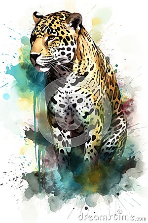 Jaguar watercolor predator animals wildlife Cartoon Illustration