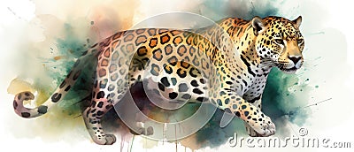 Jaguar watercolor predator animals wildlife Cartoon Illustration