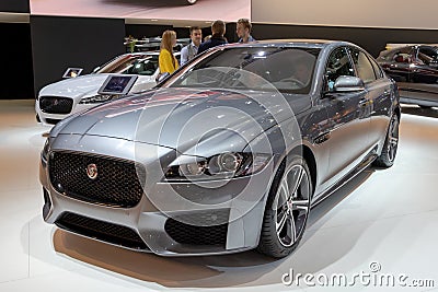 Jaguar XF luxury sports saloon car showcased at the Autosalon 2020. Brussels, Belgium - January 9, 2020 Editorial Stock Photo