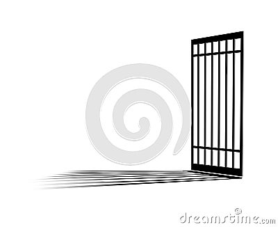 A jail cell is seen in a simple black and white graphic image that is isolated Cartoon Illustration