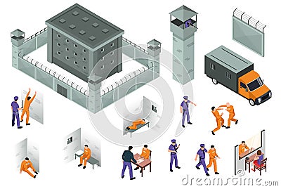 Jail Isometric Icons Set Vector Illustration