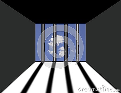 Jail seen from inside. Interior of a prison cell with light shining through a barred window and blue sky and white clouds outside. Stock Photo