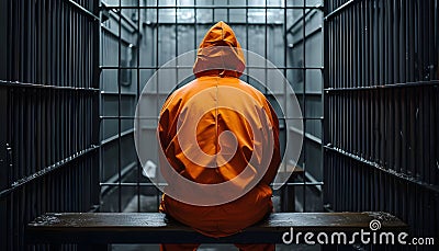 Jailed man dressed in orange jumpsuit sit on a bench Stock Photo