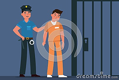 Jailer leads convict to prison cell. Policeman and prisoner in handcuff near jail. Jailhouse cage lattice. Punishment Cartoon Illustration