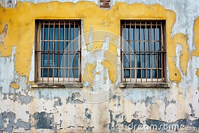 jailhouse exterior with worn window bars Stock Photo