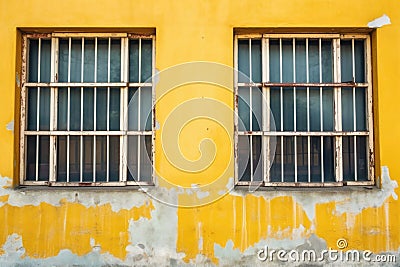 jailhouse exterior with worn window bars Stock Photo