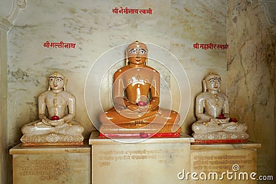 Jain Temple of Ranakpur, interior with statues of Tirthankara, Adinatha Temple, Rajasthan Editorial Stock Photo