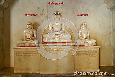 Jain Temple of Ranakpur, interior with statues of Tirthankara, Adinatha Temple, Rajasthan Editorial Stock Photo