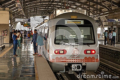 Jaipur, Rajasthan / India - 26 July 2015 : Jaipur Metro Train With Passengers, Tourists and travelers on Railway Station. Metro Editorial Stock Photo