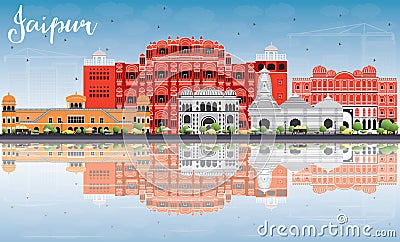 Jaipur Skyline with Color Landmarks, Blue Sky and Reflections. Stock Photo