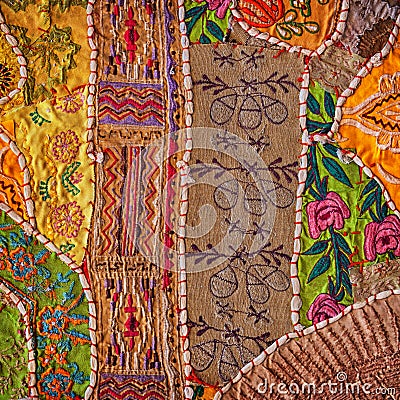 Jaisalmer, India. Vintage Handmade Patchwork Tapestry Wall Hanging Stock Photo