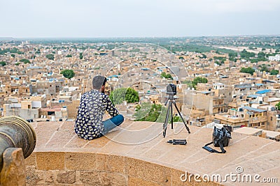 Jaisalmer, Rajasthan, India - July 29, 2019 : Photographer Capturing Aerial View of Golden City Editorial Stock Photo