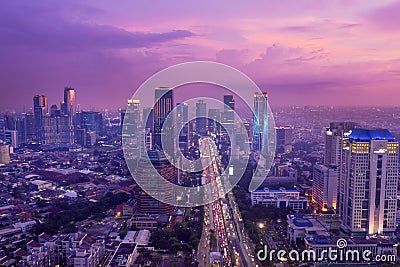 Jakarta cityscape with traffic jam after sunset Editorial Stock Photo