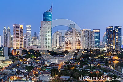 Jakarta downtown skyline with high-rise buildings at sunset Stock Photo