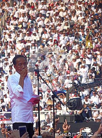 Candidates for President Joko Widodo campaign in front of hundreds of thousands of supporters at GBK Senayan. Editorial Stock Photo