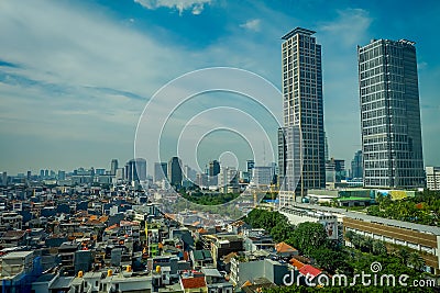 JAKARTA, INDONESIA: Beautiful landscapoe of the city of Jakarta with some huge buildings in Jakarta Editorial Stock Photo