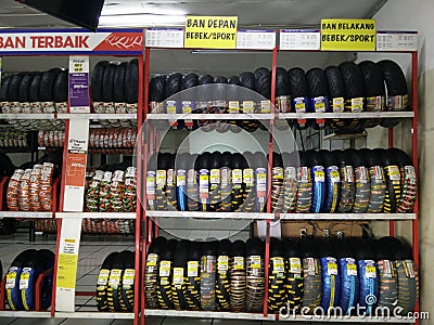 Jakarta/Indonesia: February 3 2020: Motorcycle Tires on a store Editorial Stock Photo