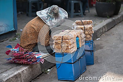 Jakarta, Indonesia - July 06, 2020: Selling the ``Semprong Cake`` at the Jakarta Street Food. Editorial Stock Photo