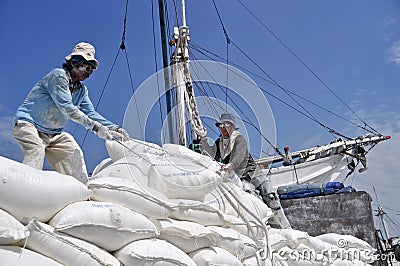 Indonesian labourers activity at the port of Sunda Kelapa in Jakarta, Indonesia Editorial Stock Photo