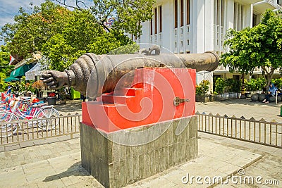 JAKARTA, INDONESIA - 3 MARCH, 2017: Large old canon as seen placed outside Jakarta history museum, big metal barrel Editorial Stock Photo