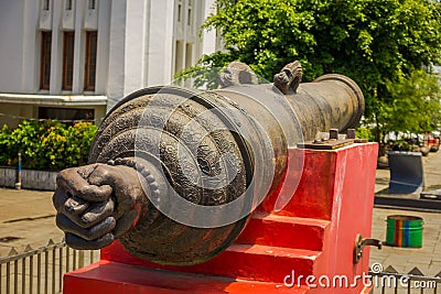 JAKARTA, INDONESIA - MAY 06, 2017: Large old canon as seen placed outside Jakarta history museum, big metal barrel Editorial Stock Photo