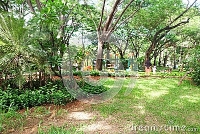 Jakarta, Indonesia - 31 October 2020: Kelapa Gading Jogging Park, beautiful trees and children`s play facilities in Kelapa Gading, Editorial Stock Photo