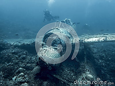 Jake Seaplane Wreck Underwater on Ocean Floor Stock Photo