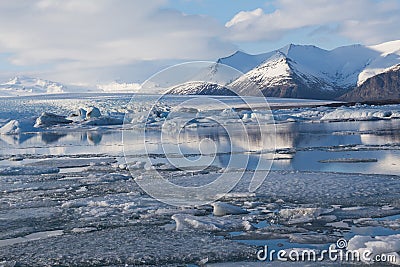 Jakulsalon lagoon winter lake with mountain and reflection Stock Photo