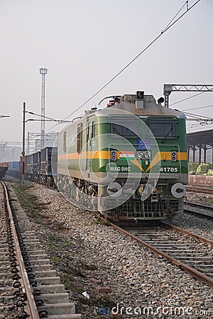 Jalandhar, Punjab, India -January 5, 2023 at Jalandhar city railway station, Indian railways train engine front, green engine Editorial Stock Photo