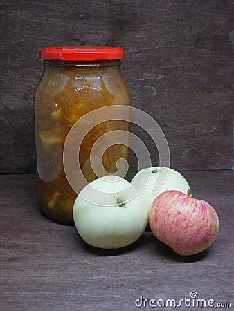 Jam of apple on brouwn wooden background Stock Photo