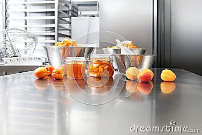 Jam from apricots in a glass jar on a polished stainless steel s Stock Photo