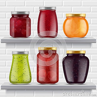 Jam food shelves. Fruits marmalade delicious products strawberry peaches apricots in glass jar realistic jam Vector Illustration
