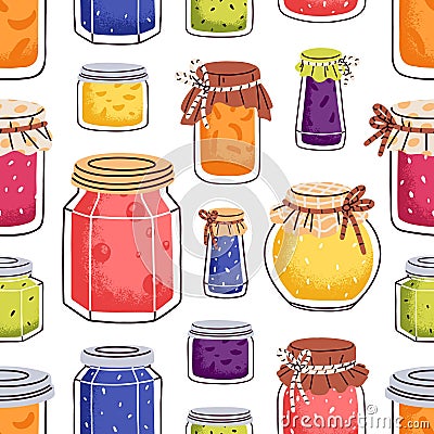 Jam in jars, seamless pattern design. Homemade fruit jelly, berry confiture, sweet marmalade, repeating print. Endless Vector Illustration