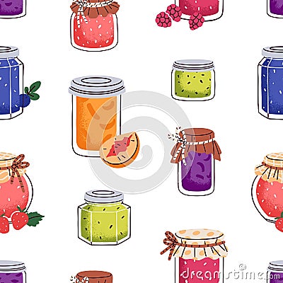 Jam pattern. Conserved fruits, confiture, jelly marmalade in jars, seamless background design. Sweet preserves Vector Illustration