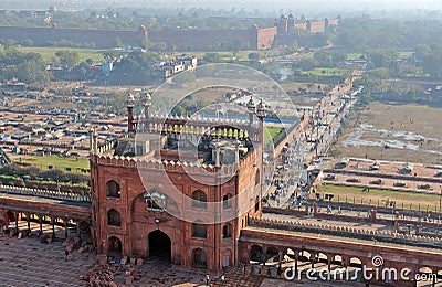 Jama Masjid and Red Fort at Delhi Stock Photo