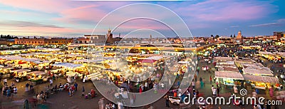 Jamaa el Fna market square in sunset, Marrakesh, Morocco, north Africa. Stock Photo