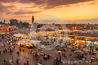 Jamaa el Fna market square in sunset, Marrakesh, Morocco, north Africa. Editorial Stock Photo