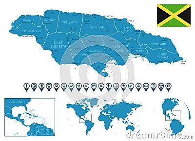 Jamaica - detailed blue country map with cities, regions, location on world map and globe. Infographic icons Cartoon Illustration