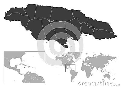 Jamaica - detailed country outline and location on world map. Vector Illustration