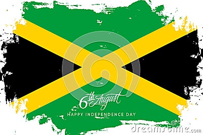 Jamaica Happy Independence Day, 6 august greeting card with jamaican flag brush stroke background and hand lettering. Vector Illustration