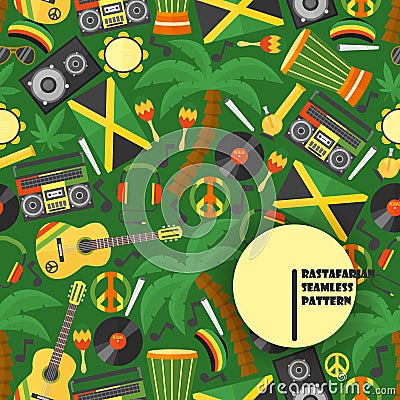 Jamaica rastafarian seamless pattern, vector illustration. Flat style icons of Jamaican culture and reggae music Vector Illustration