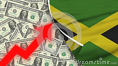 Jamaica Realistic Flag, Usa Dollar, Rising Zigzag Red Arrow Stock Photo