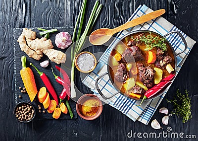 Jamaican Curried Goat in a pot, top view Stock Photo