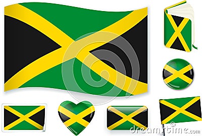 Jamaican flag wave, book, circle, pin, button, heart and sticker. Vector Illustration