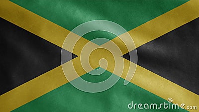 Jamaican flag waving in the wind. Close up of Jamaica banner blowing soft silk Stock Photo